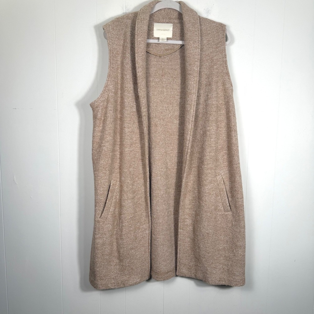 Cynthia Rowley Wool Blend Open Front Longline Duster Sweater Vest Large Oatmeal